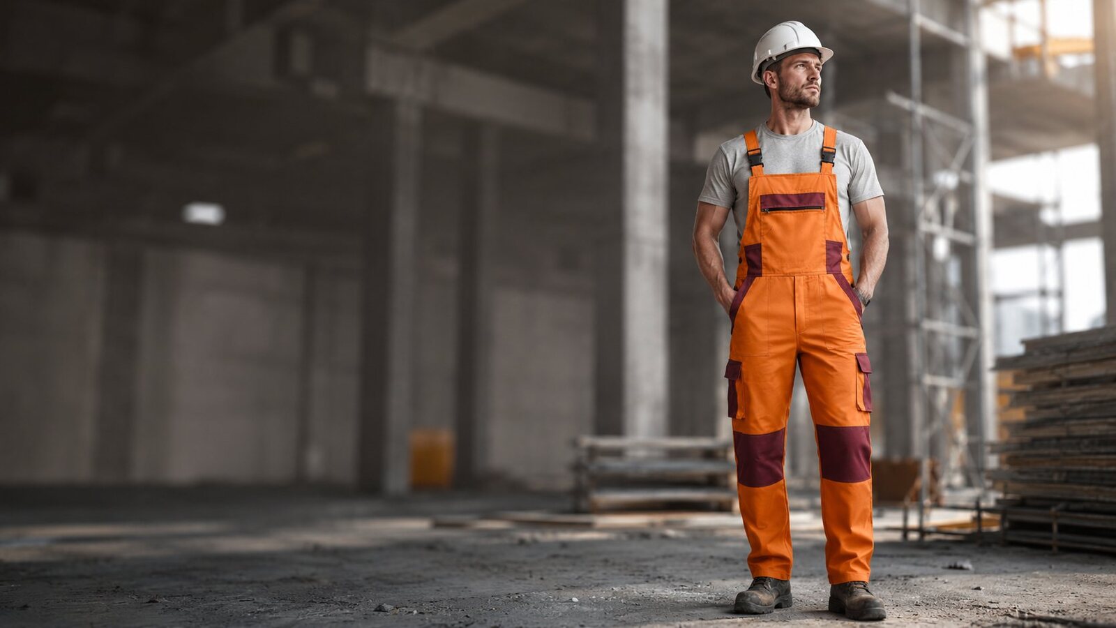 Muncitor pe șantier purtând salopetă C Work Wear